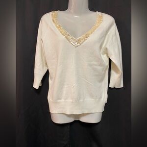 VERTIGO PARIS WHITE V-NECK EMBELLISHED SILK 3/4 SWEATER SIZE XL